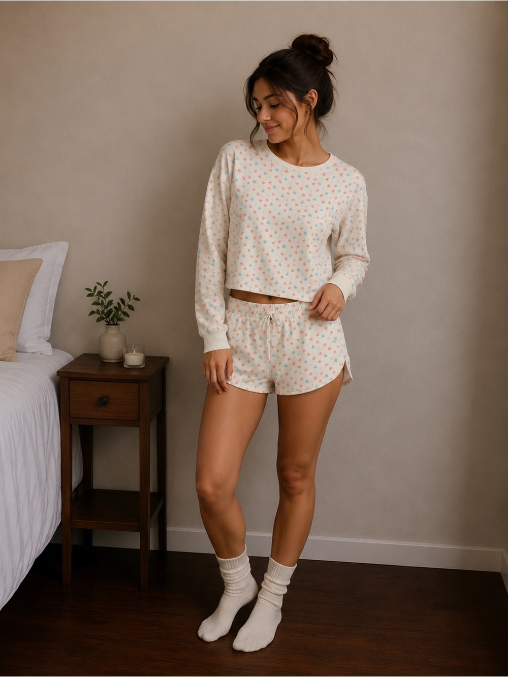 Splendid Cream Floral Long-Sleeve Top & Drawstring Shorts Set